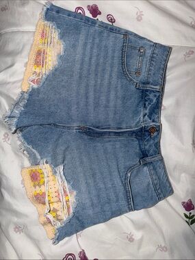 Sincerely Jules Light Blue Denim Shorts with Crochet Trim